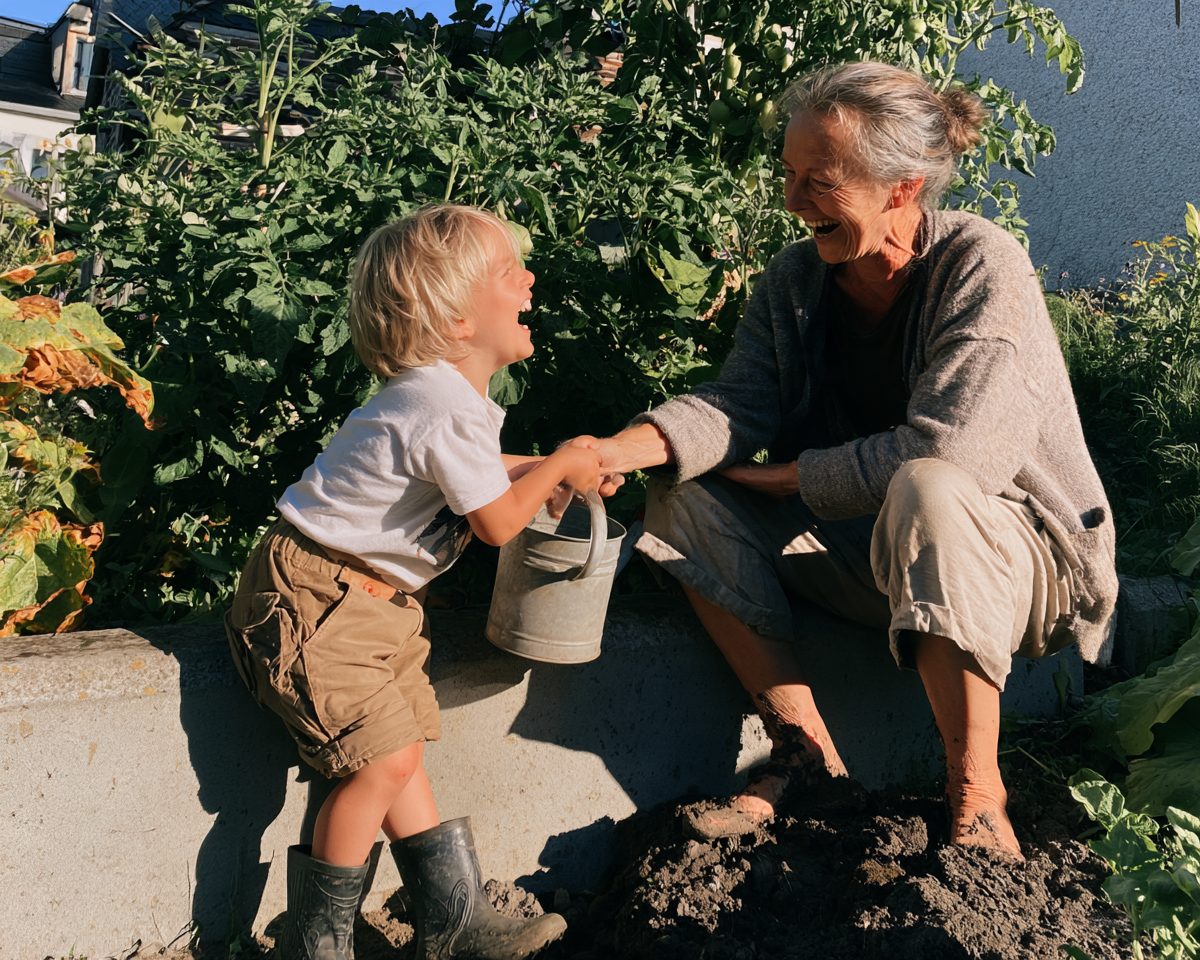 Grandmother and grandchild laughing in a vegetable garden