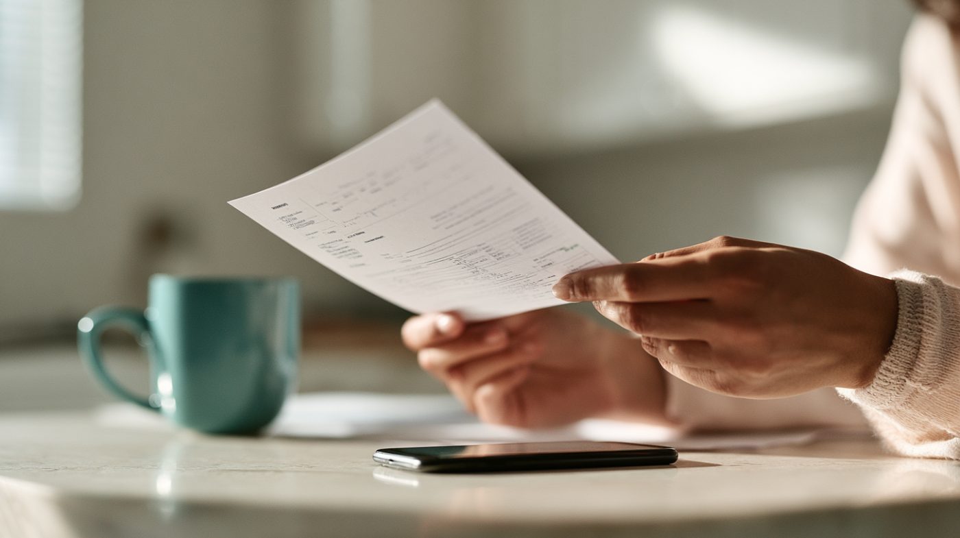 hands holding a printed lab report next to a phone