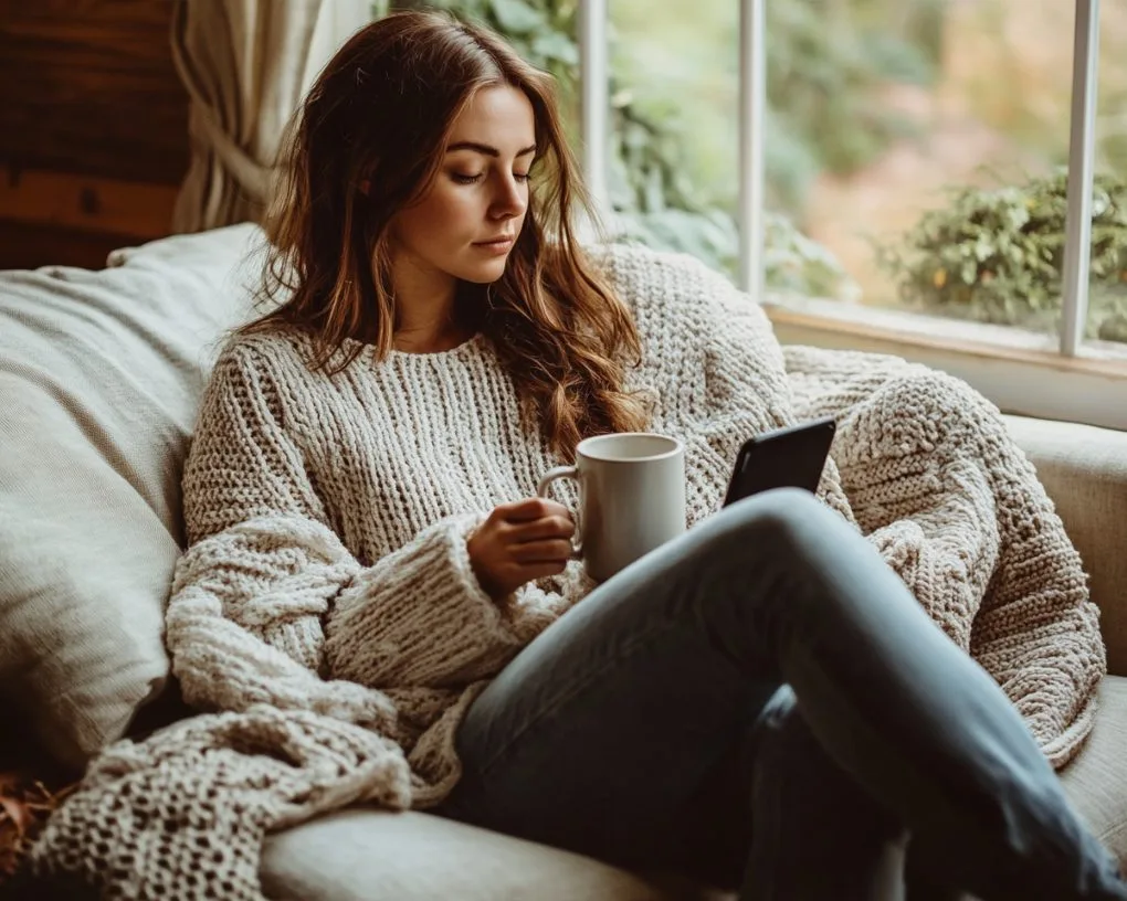 woman journaling with tea in a warm living room, at ease