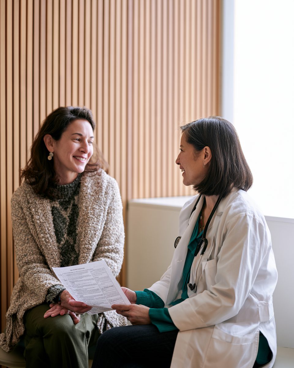 patient and doctor looking at a printed Healya summary together in the exam room