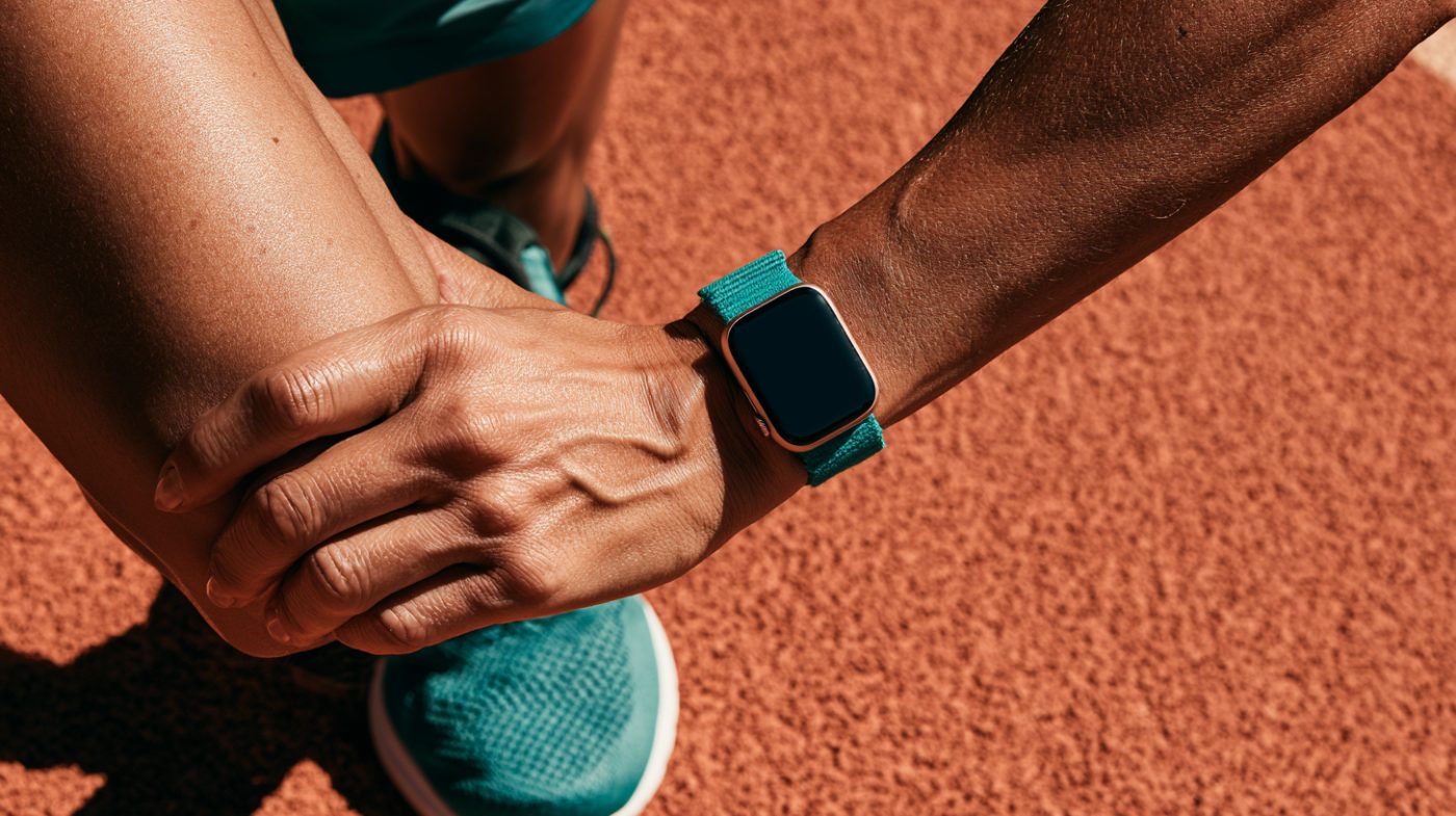 wrist with a smartwatch showing heart rate mid-walk
