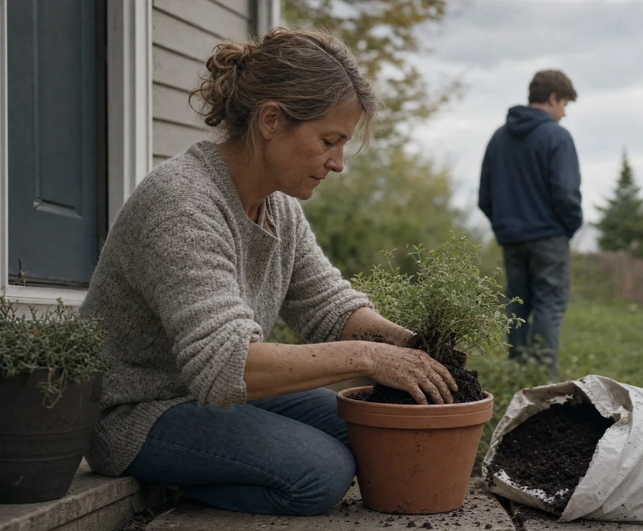 a woman repotting a plant on a back step, hands at work, her son out of focus in the yard behind her