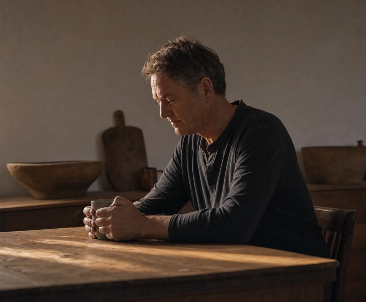 a man alone at a kitchen table at dawn, seen from the side, both hands around a mug of coffee