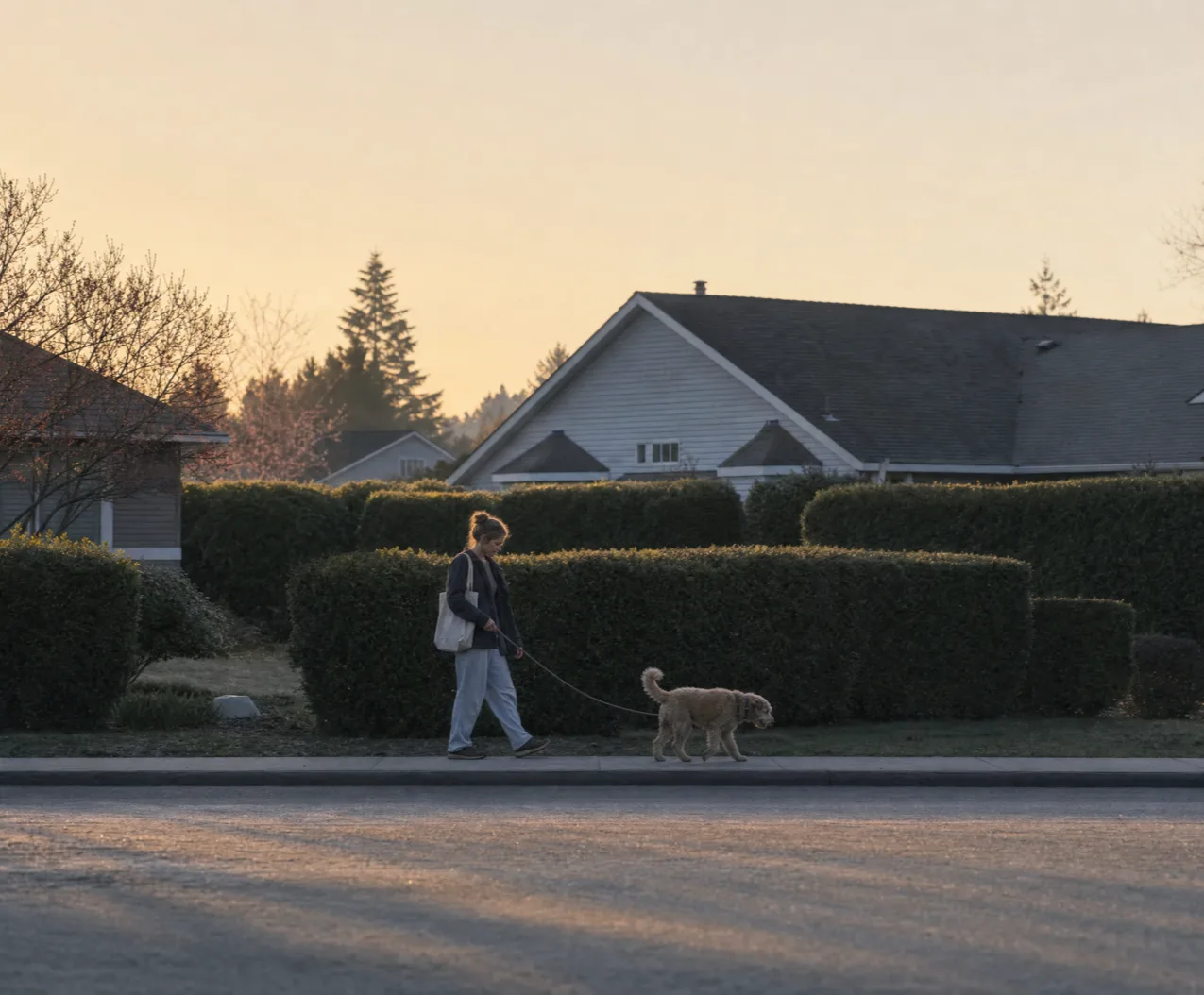 a woman seen from across the street walking a scruffy dog home along a quiet sidewalk at first light