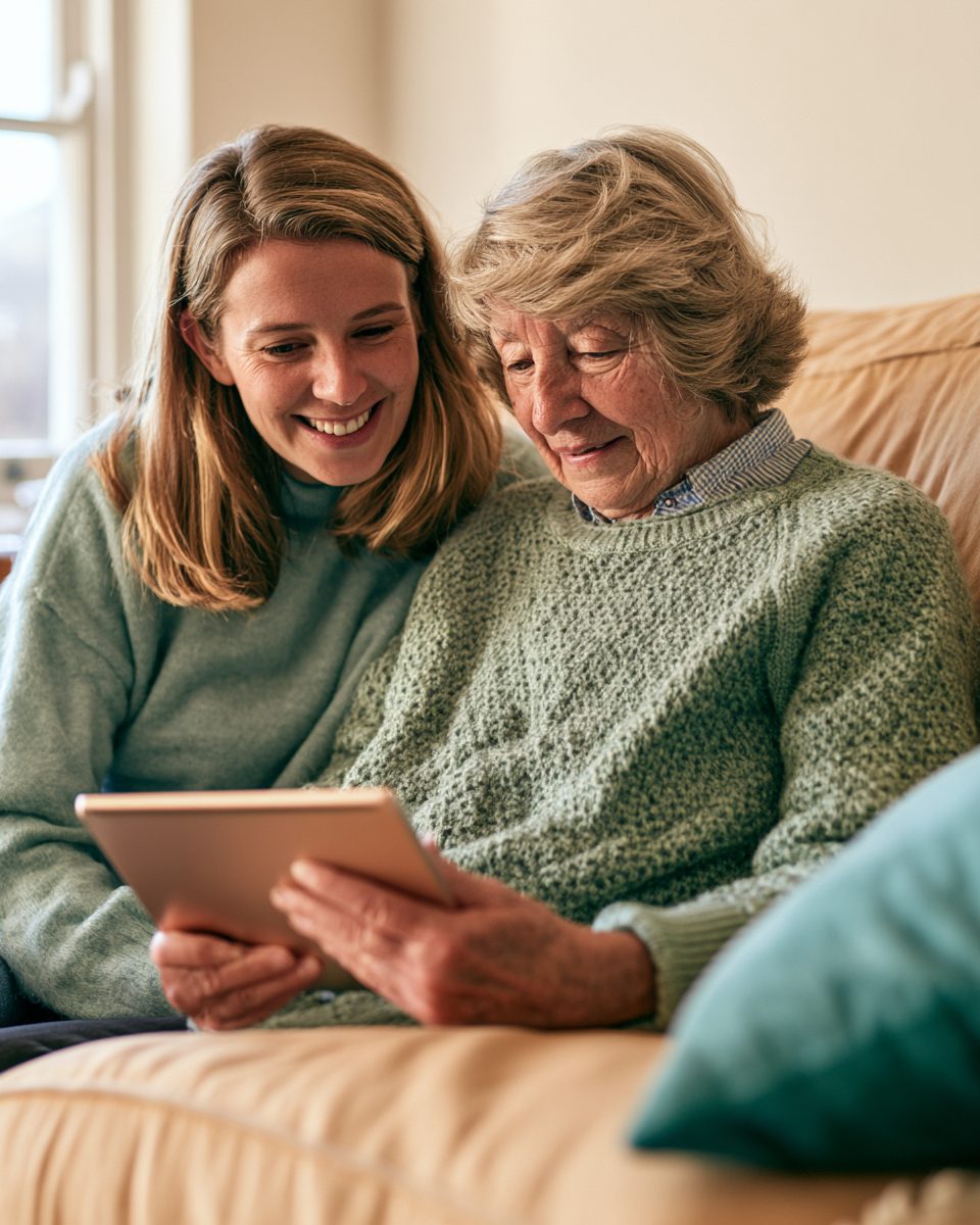 caregiver reviewing a shared profile with a parent at the kitchen table