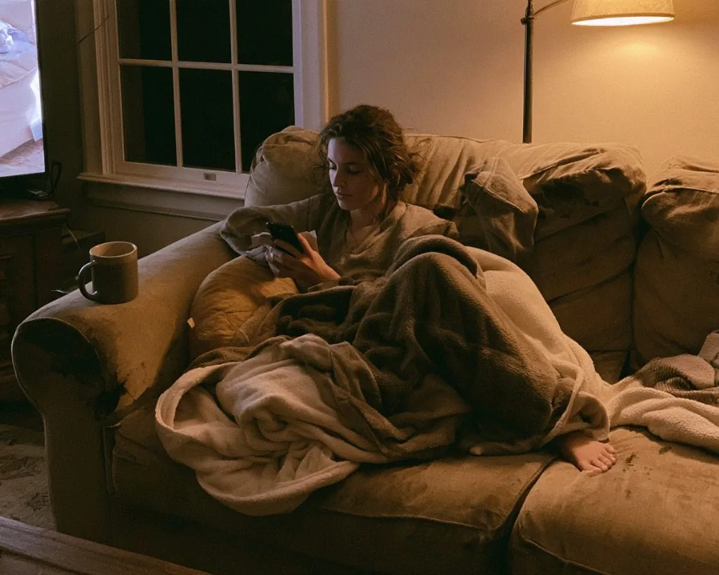 Woman on a sofa in the evening, logging a note on her phone