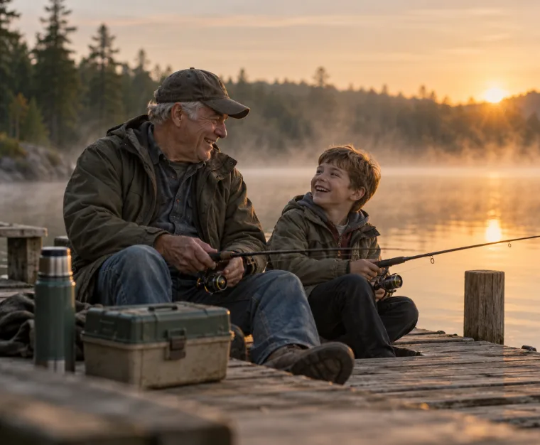 grandfather and grandson fishing from a dock at sunrise
