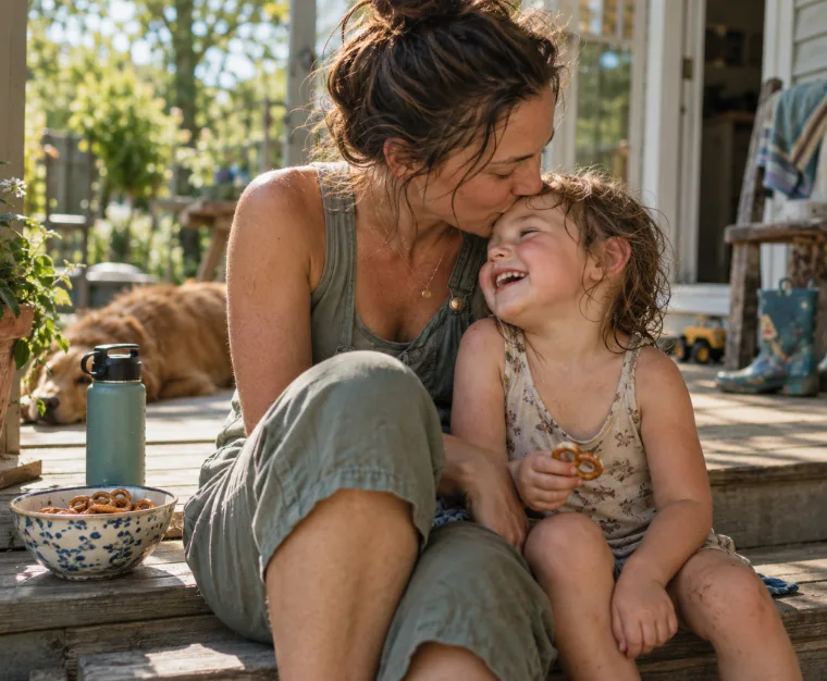 mother kissing her toddler's forehead on a sunny porch after playing outside