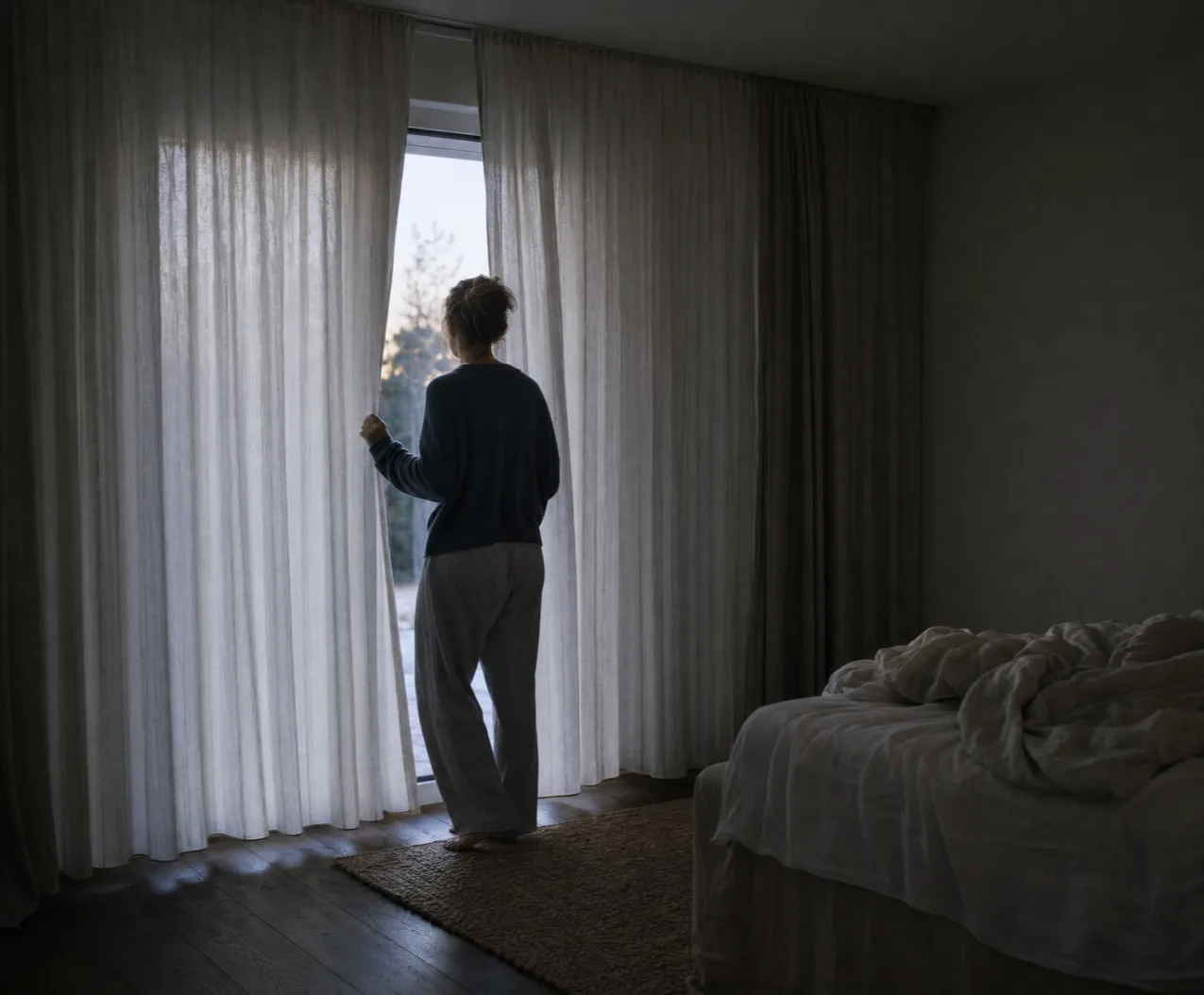 a woman seen from behind opening the curtains of a dim bedroom at dawn